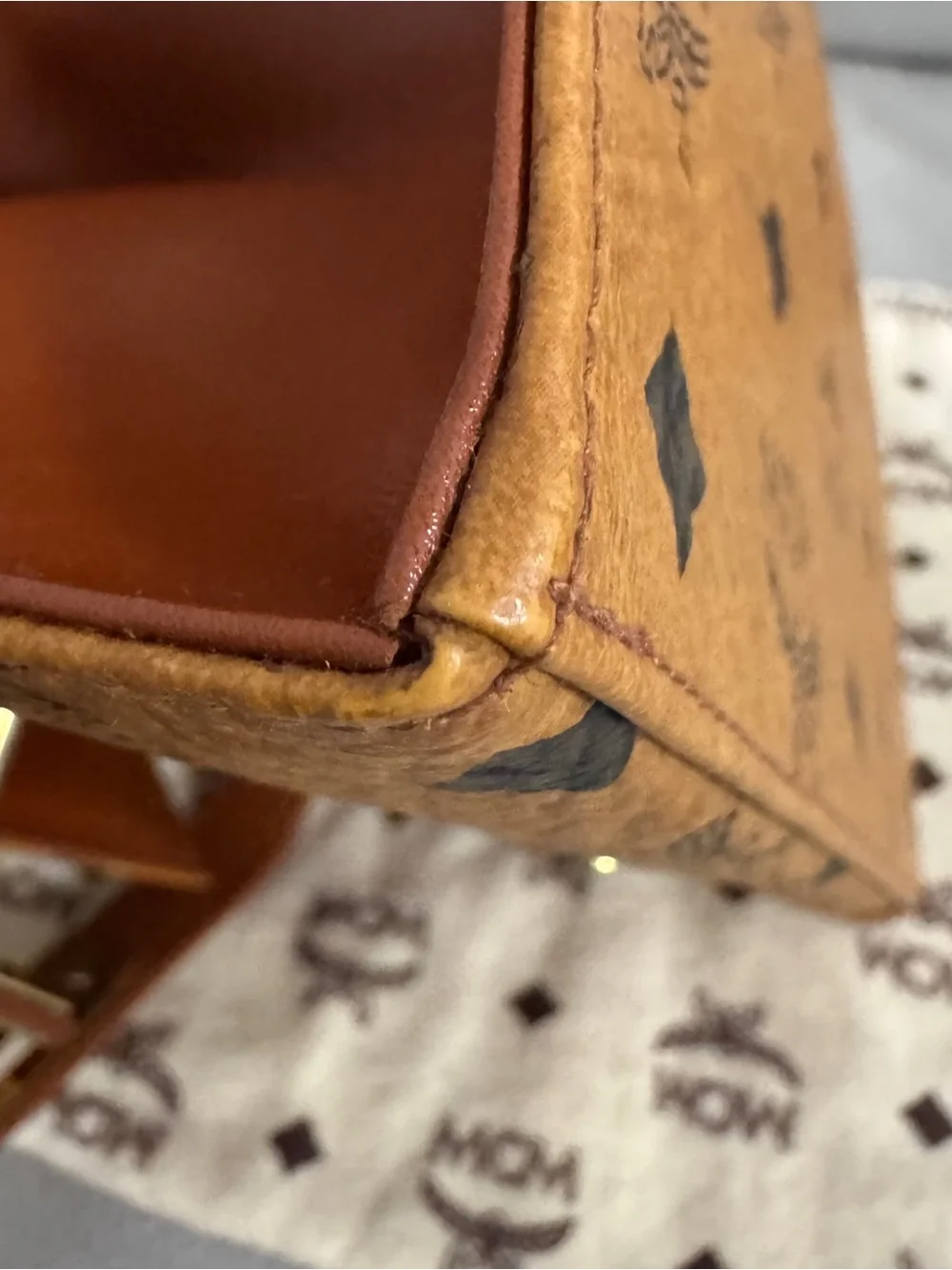 MCM Brown Kelly Cognac Visetos Top Handle Satchel with Gold Hardware